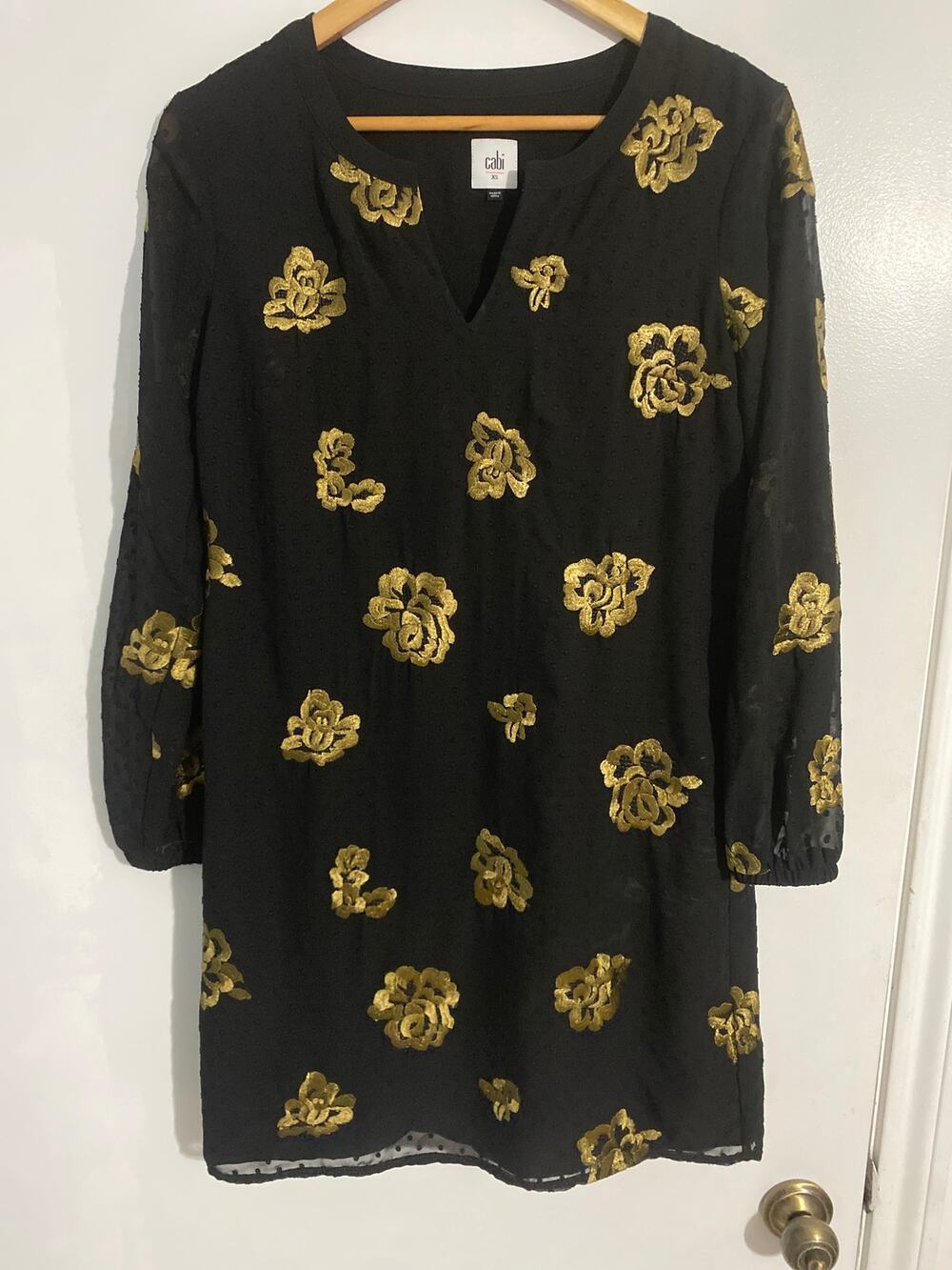CAbi Occasion dress women's size XS black swiss dot gold floral 3697
